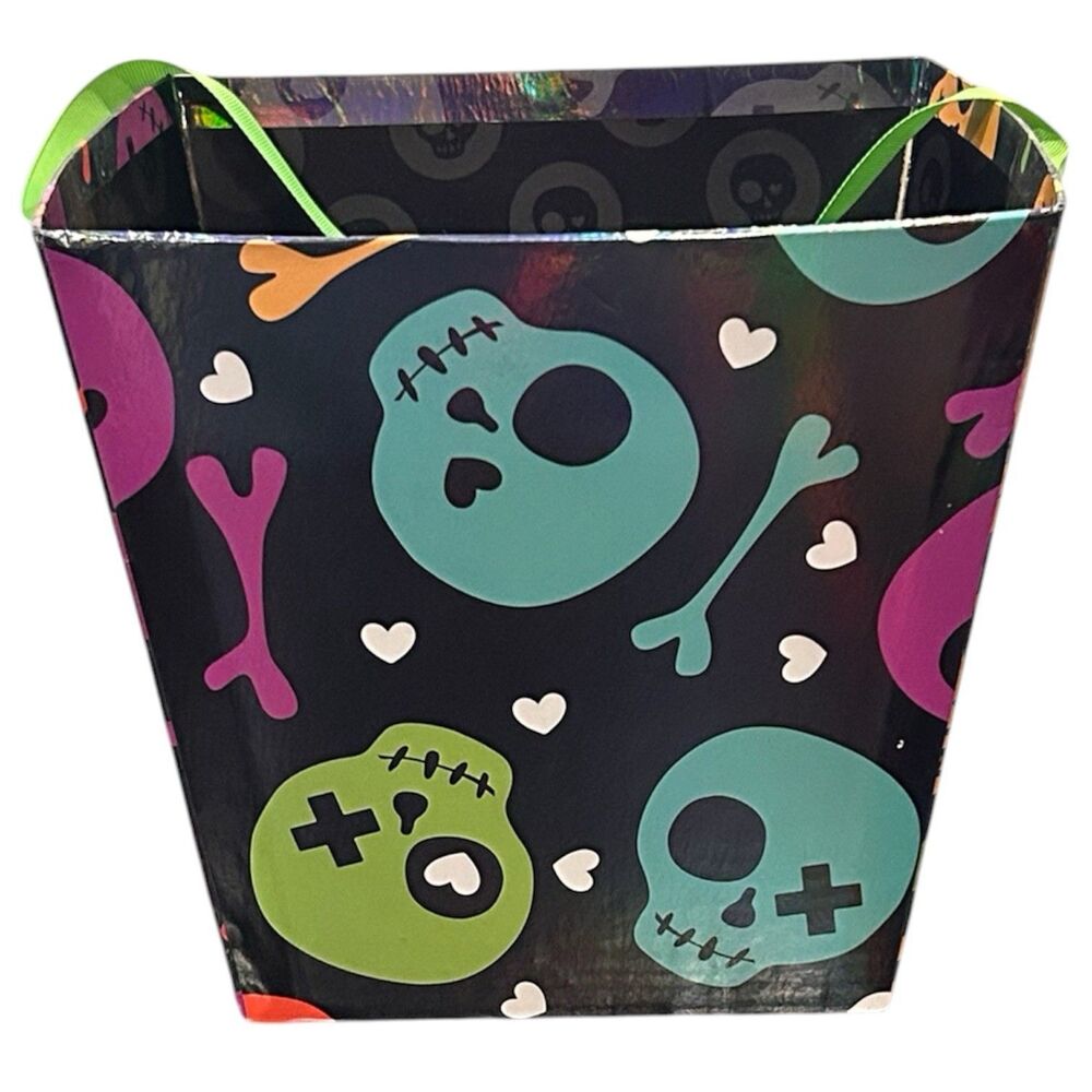 Sugar Skulls Halloween Paperboard Trick Or Treat Bucket With Handle 12X8X8"